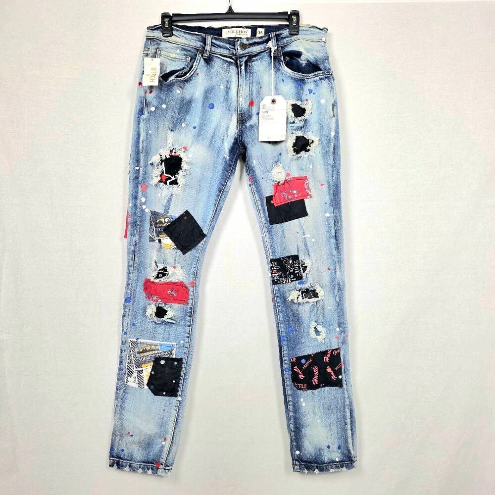 E2 Denim Patchwork Paint Slim Fit Jeans 36x34 Distressed